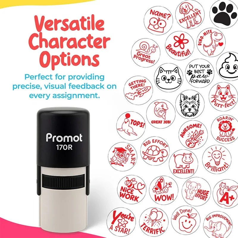 Black self inking teacher stamp displayed beside multiple circular classroom stamp designs including “You’re A STAR!,” “Great Progress!,” “GETTING THERE!,” “Excellent,” “Nice Work,” and “A+” with playful animal and character illustrations. Text on the ima