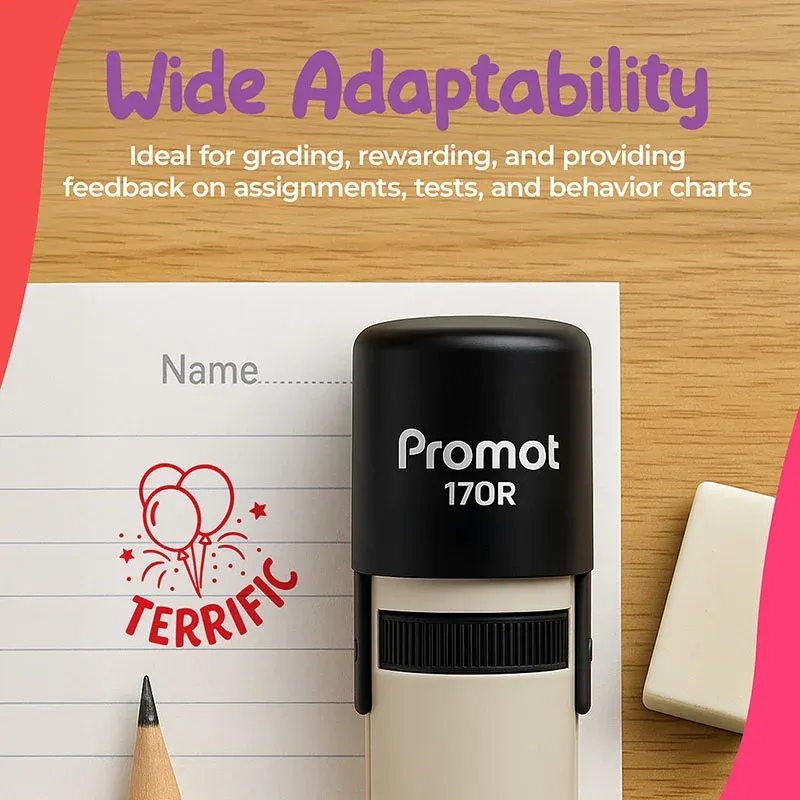 Black self inking teacher stamp placed on lined paper beside a pencil and a red “TERRIFIC” balloon stamp impression on a wooden desk. Text on the image says “Wide Adaptability. Ideal for grading, rewarding, and providing feedback on assignments, tests, an