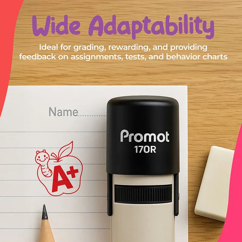 Black self inking teacher stamp placed on lined paper beside a pencil and a red “A+” apple stamp impression on a wooden desk. Text on the image says “Wide Adaptability. Ideal for grading, rewarding, and providing feedback on assignments, tests, and behavi