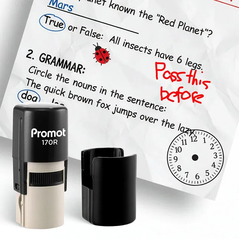 Clock Black Self-Inking Teacher Stamp Round Stamp - Symbol