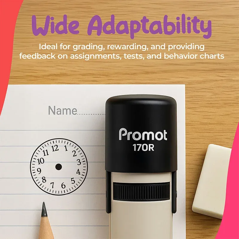 Clock Black Self-Inking Teacher Stamp Round Stamp - Symbol