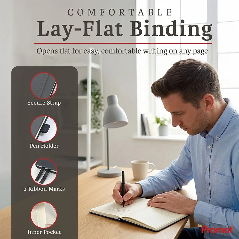 Man writing in an open personalized leather journal on a desk, showing the lay-flat design with ribbon bookmarks and pen holder.