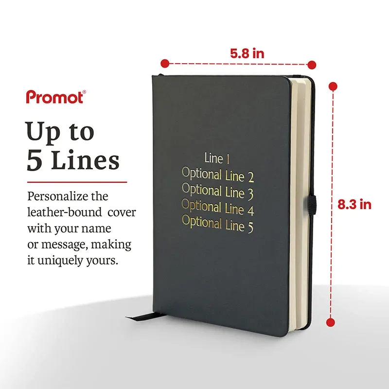 Black personalized leather journal with custom gold text, shown with dimensions and space for up to five engraved lines.
