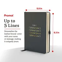 Black personalized leather journal with custom gold text, shown with dimensions and space for up to five engraved lines.