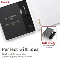 Gift box with a black personalized leather journal and matching pen, featuring custom gold embossing for a thoughtful gift.