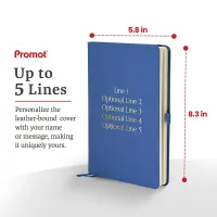 Blue personalized leather journal with custom gold text, shown with dimensions and space for up to five engraved lines.