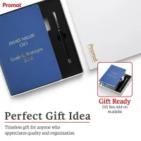 Gift box with a blue personalized leather journal and matching pen, featuring custom gold embossing for a thoughtful gift.