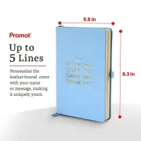 Blue notebook with custom gold engraving and size dimensions shown, a personalized leather journal with up to five custom lines.
