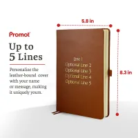 Brown personalized leather journal with custom gold text, shown with dimensions and space for up to five engraved lines.