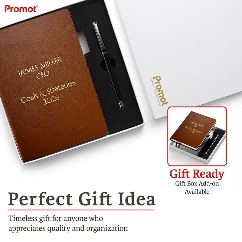 Gift box with a brown personalized leather journal and matching pen, featuring custom gold embossing for a thoughtful gift.