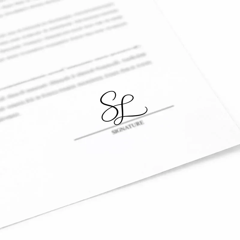 Round signature stamp impression with black SL monogram on a document signature line