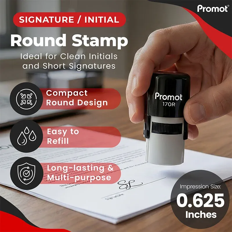 Round signature stamp held above a document with a signature impression and signature line