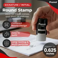 Round signature stamp held above a document with a signature impression and signature line