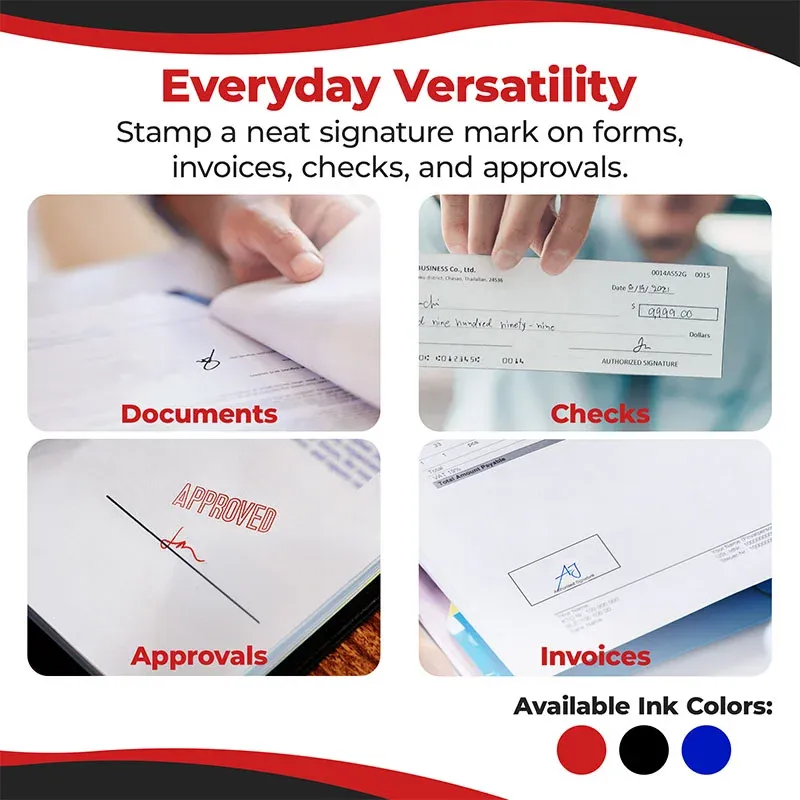 Round signature stamp impressions shown on documents, checks, approvals, and invoices with ink color options