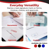 Round signature stamp impressions shown on documents, checks, approvals, and invoices with ink color options