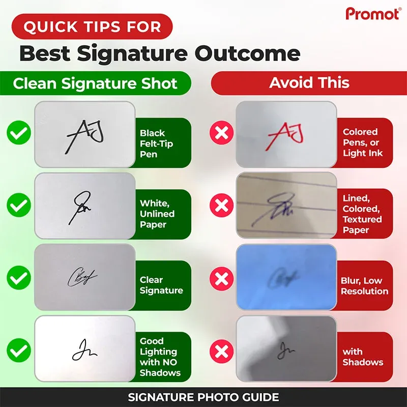 Round signature stamp guide showing clear and unclear signature samples for stamp customization