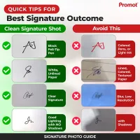 Round signature stamp guide showing clear and unclear signature samples for stamp customization