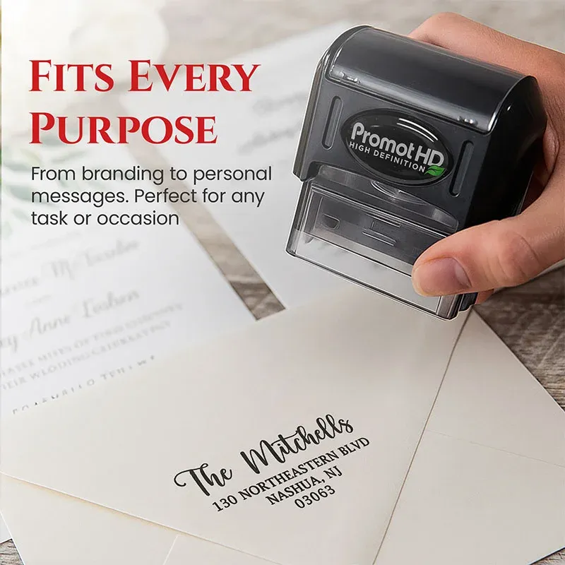 Personalized address stamp creating a return address on an envelope with a pre-inked stamp