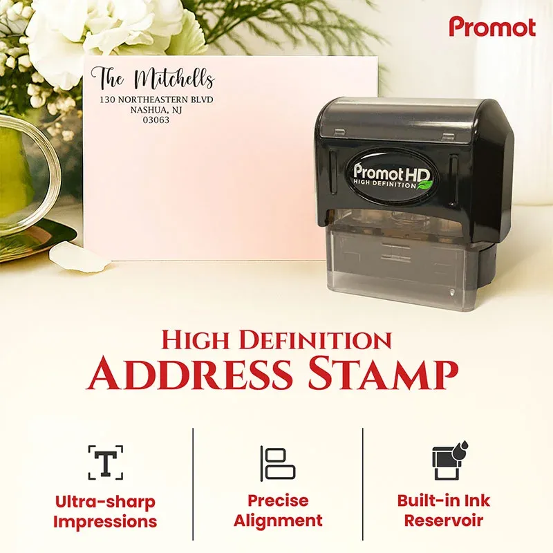 Personalized address stamp displayed beside a stamped envelope with high-definition print quality