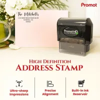 Personalized address stamp displayed beside a stamped envelope with high-definition print quality