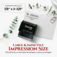 Personalized address stamp with stamped envelope showing impression size for mailing and stationery