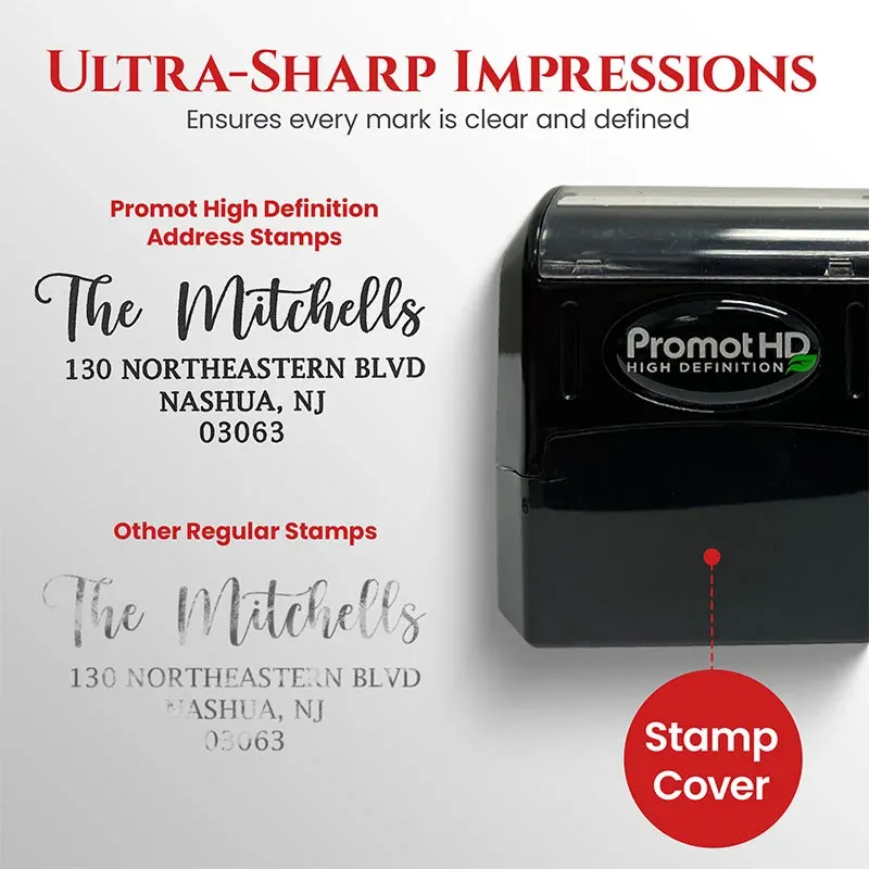 Personalized address stamp comparing crisp return address impressions with a regular stamp