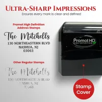 Personalized address stamp comparing crisp return address impressions with a regular stamp