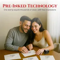 Personalized address stamp used by a couple addressing envelopes at a table with pre-inked impressions