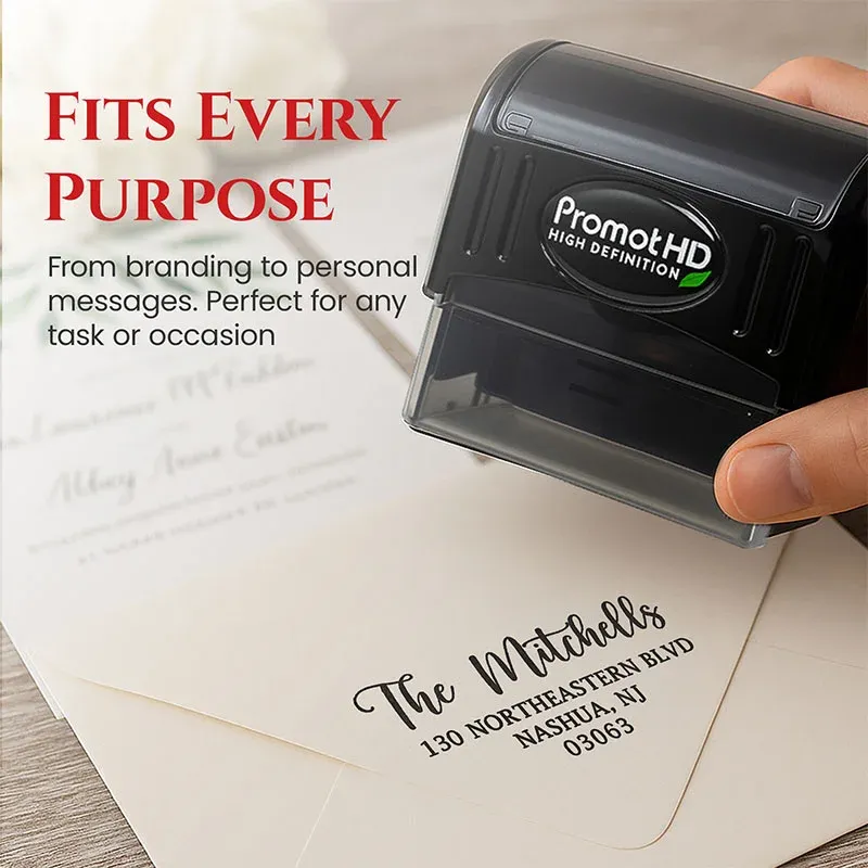 Large personalized address stamp creating a return address on an envelope with a pre-inked stamp