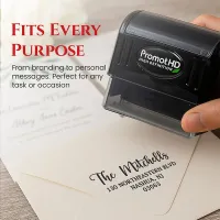 Large personalized address stamp creating a return address on an envelope with a pre-inked stamp