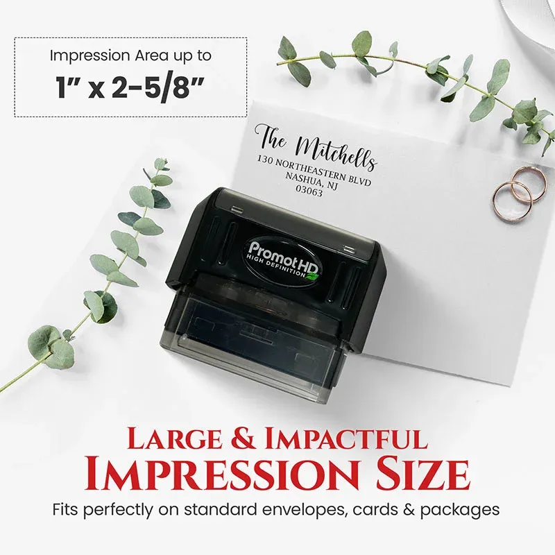 Large personalized address stamp displayed beside a stamped envelope with high-definition print quality