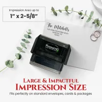 Large personalized address stamp displayed beside a stamped envelope with high-definition print quality