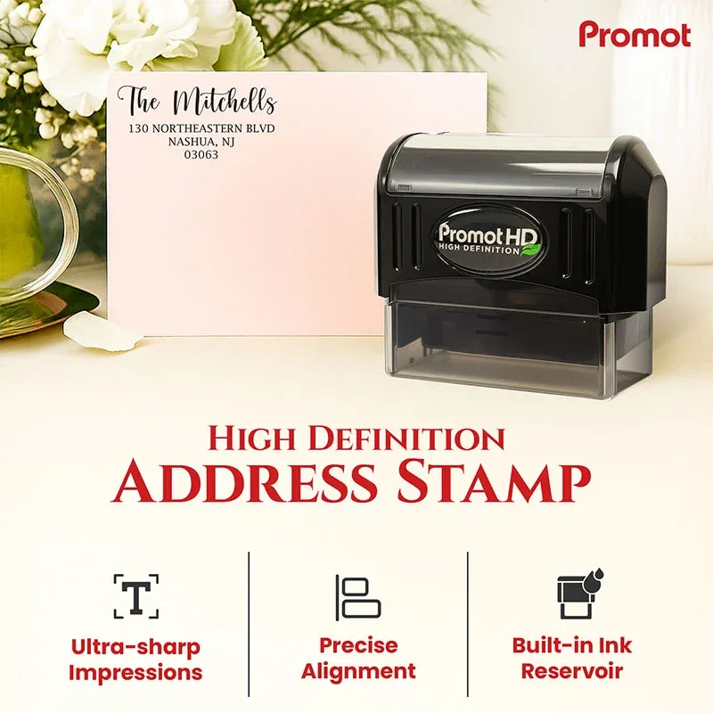 Large personalized address stamp with stamped envelope showing impression size for mailing and stationery