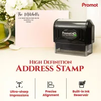 Large personalized address stamp with stamped envelope showing impression size for mailing and stationery