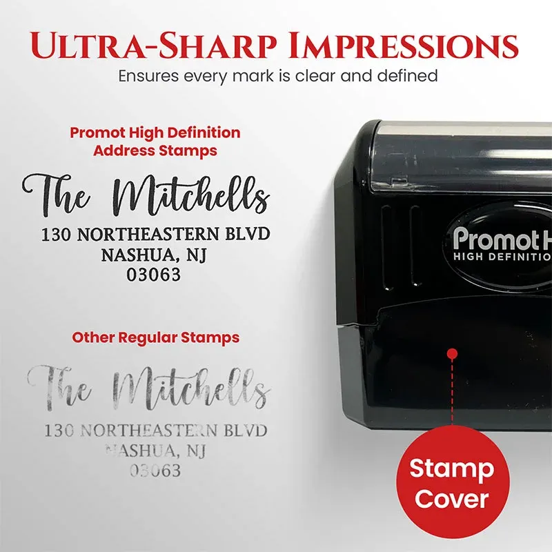 Large personalized address stamp comparing crisp return address impressions with a regular stamp