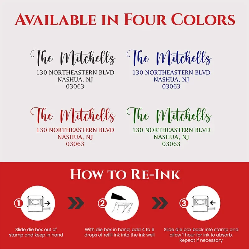 Large personalized address stamp showing four ink color options and pre-inked refill instructions