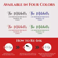 Large personalized address stamp showing four ink color options and pre-inked refill instructions