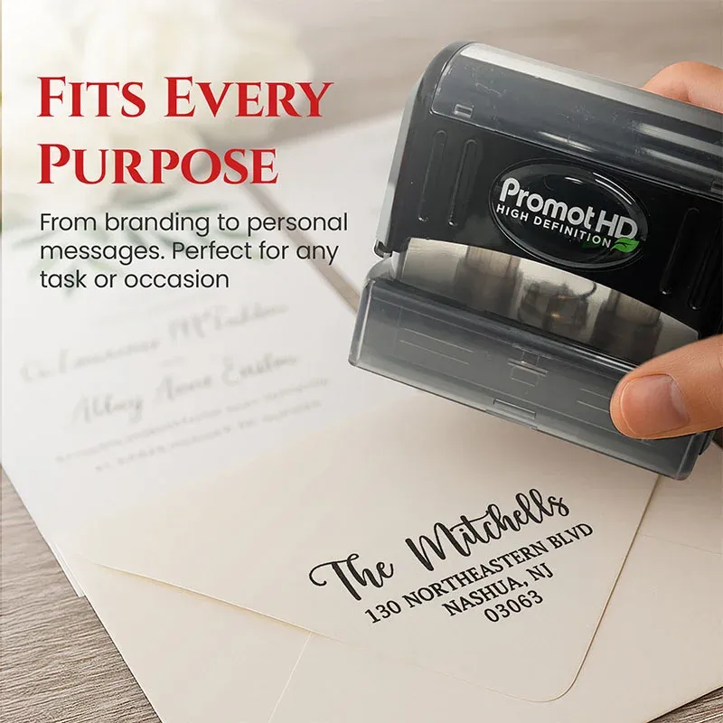 Extra large personalized address stamp creating a return address on an envelope with a pre-inked stamp