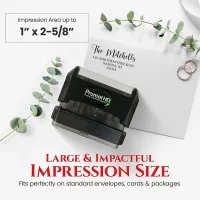 Extra large personalized address stamp displayed beside a stamped envelope with high-definition print quality