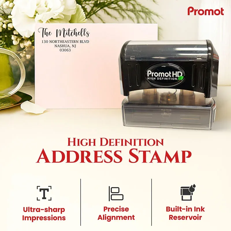 Extra large personalized address stamp with stamped envelope showing impression size for mailing and stationery