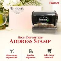 Extra large personalized address stamp with stamped envelope showing impression size for mailing and stationery