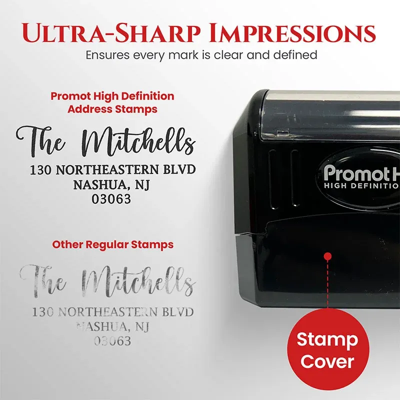 Extra large personalized address stamp comparing crisp return address impressions with a regular stamp
