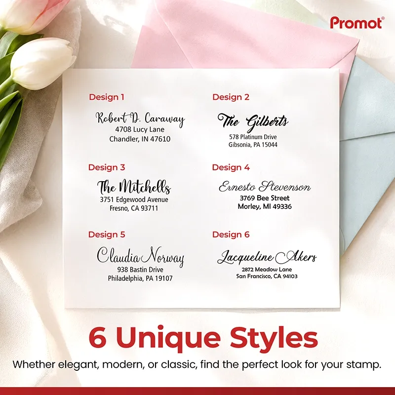 Browse six custom font options for your large self-inking address stamp on a sample design board.