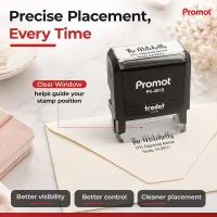 The clear viewing window on this large self-inking address stamp helps place every impression precisely.