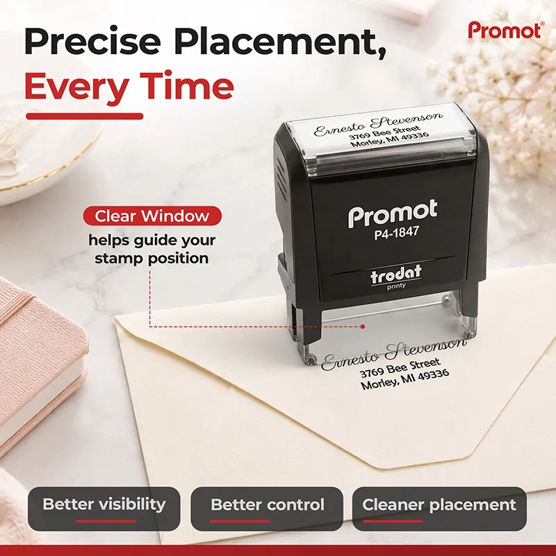 Self-inking Address Stamp with a clear positioning window for accurate impressions