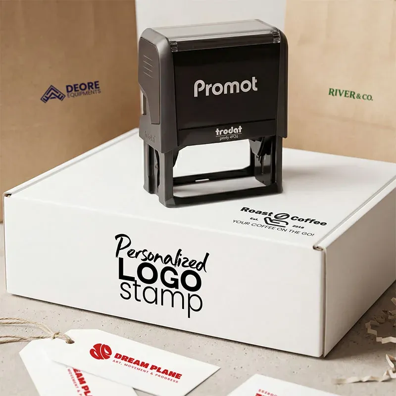 Custom logo stamp on branded packaging box with personalized business logos printed on paper bags and tags, showcasing a professional Trodat self-inking stamp for small business branding.