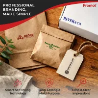 Custom logo stamp used on kraft packaging bags and tags, showcasing professional branding with crisp and clear impressions for small business packaging.