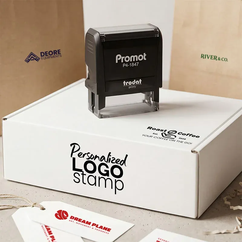 Custom logo stamp on branded packaging box with personalized business logos printed on paper bags and tags, showcasing a professional Trodat self-inking stamp for small business branding.
