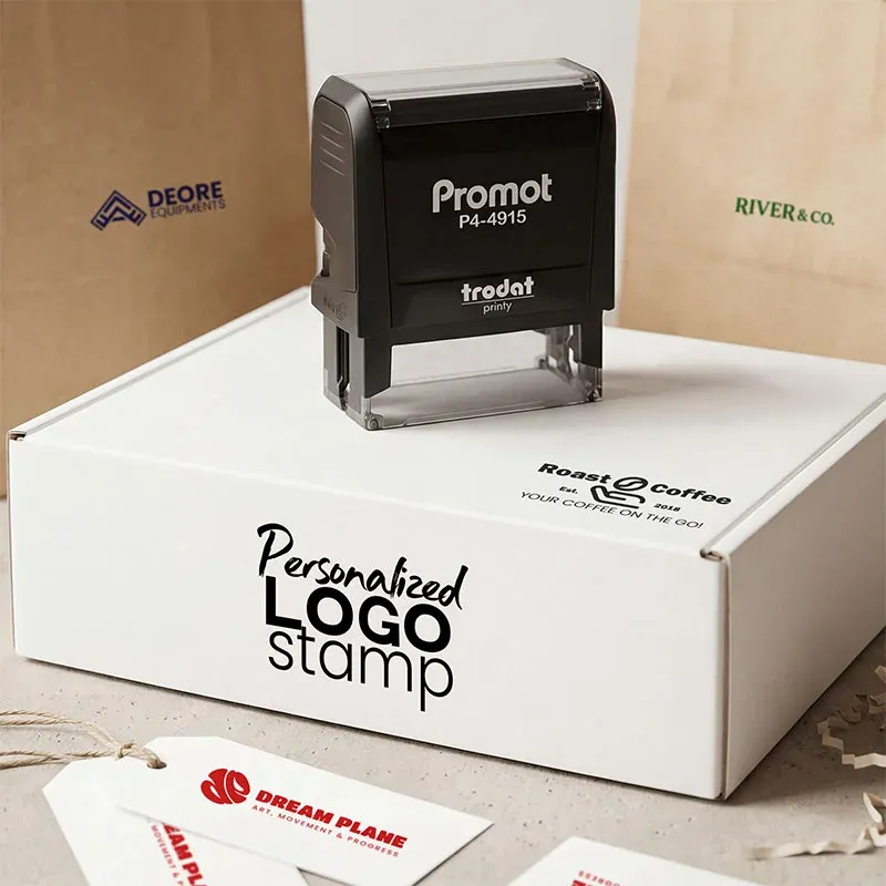 Custom logo stamp on branded packaging box with personalized business logos printed on paper bags and tags, showcasing a professional Trodat self-inking stamp for small business branding.