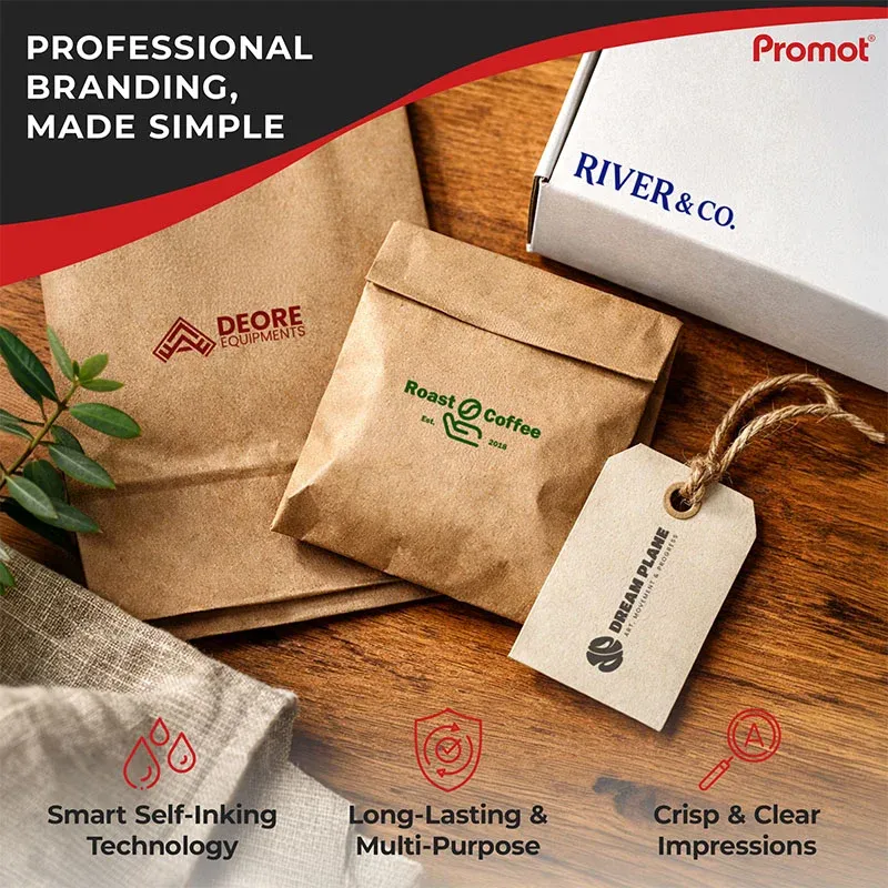 Custom logo stamp used on kraft packaging bags and tags, showcasing professional branding with crisp and clear impressions for small business packaging.
